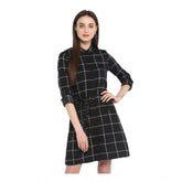 Women's Polyester Checkered Roll Up Sleeve Above Knee Dress (Black - White)